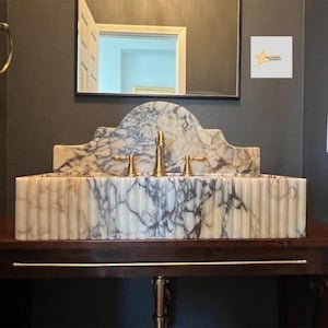 Calacatta Viola Marble Sink Wall Mounted Sink Farmhouse Sink Powder Room Sink  Hand Carved Marble Sink Concealed Drain Sink Sink vanity