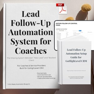 May include: Image of a book and digital tablet with the title "Lead Follow-Up Automation System for Coaches." The book also has the text "For Coaches & Service Providers Built for GoHighLevel CRM." A PDF icon is visible.