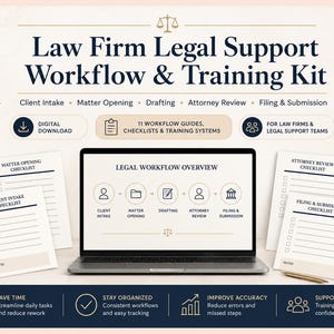 Kit di formazione e flusso di lavoro per il supporto legale dello studio legale, assistente legale, assistente virtuale paralegale, gestione delle richieste, revisione da parte dell'avvocato, strumenti di monitoraggio Excel.