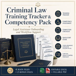 Puede incluir: Un paquete de seguimiento de formación y competencias en derecho penal con una carpeta azul oscuro etiquetada Legal Assistant Training & Workflow Resource, un cuaderno a juego, una balanza de justicia de latón, un bolígrafo y listas.