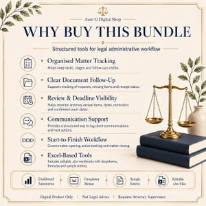 May include: A digital product information graphic titled WHY BUY THIS BUNDLE from Aunt G Digital Shop. It lists features for legal administrative workflow including matter tracking, document follow-up, and Excel-based tools, with a brass scale on books.