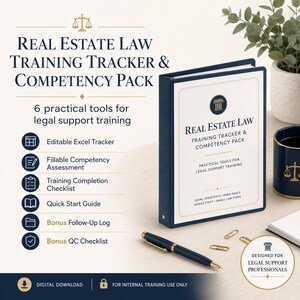 May include: A dark blue binder titled Real Estate Law Training Tracker & Competency Pack with a white cover, gold accents, and a matching pen. The text lists six practical tools including an editable Excel tracker, fillable assessment, and checklists.