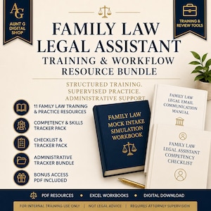 May include: A digital resource bundle for family law legal assistants featuring a dark blue workbook titled Family Law Mock Intake Simulation Workbook and two white manuals titled Family Law Legal Email Communication Manual and Family Law Legal Assistant Competency Checklist with a gold pen.