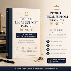 Puede incluir: Un paquete de formación de apoyo legal para sucesiones que incluye un libro con lomo azul oscuro y cubierta crema, etiquetado con 14 guías PDF, rastreadores y listas de verificación rellenables. El conjunto incluye secciones con pestañas.