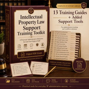 Puede incluir: Un libro granate Intellectual Property Law Support Training Toolkit, un organizador de archivos dorado con 13 pestañas etiquetadas, dos tarjetas informativas y un bolígrafo dorado. La portada muestra el título, iconos y una etiqueta Digital PDF Guide.