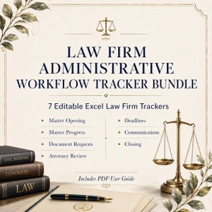 以下が含まれることがあります： LAW FIRM ADMINISTRATIVE WORKFLOW TRACKER BUNDLEというタイトルのデジタルドキュメント。Matter Opening、Progress、Document Requests、Attorney Review、Deadlines、Communications、Closingの7つの編集可能なExcelトラッカーとPDFユーザーガイドが含まれています。