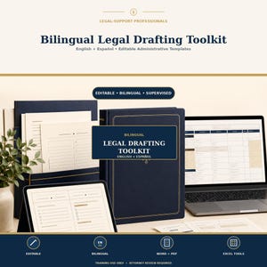 May include: A Bilingual Legal Drafting Toolkit featuring a dark blue binder with gold trim, a tablet displaying a document template, and a laptop showing an Excel spreadsheet. The text reads Bilingual Legal Drafting Toolkit English + Español.
