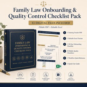 Family Law Onboarding Checklist Pack, Legal Assistant Training Tracker, Quality Control Forms, Fillable PDF and Excel