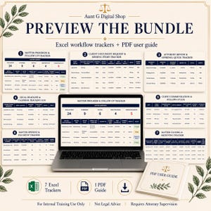May include: A digital bundle from Aunt G Digital Shop featuring seven Excel workflow trackers and a PDF user guide. The display shows a laptop screen with a Matter Progress and Follow-up Tracker, alongside six other legal tracking templates.