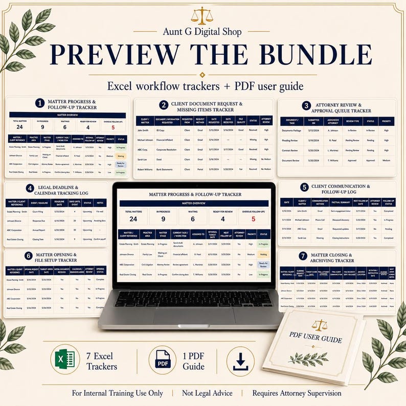 May include: A digital bundle from Aunt G Digital Shop featuring seven Excel workflow trackers and a PDF user guide. The display shows a laptop screen with a Matter Progress and Follow-up Tracker, alongside six other legal tracking templates.