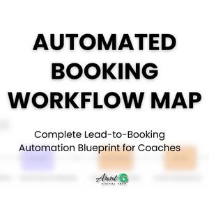 Peut inclure: Fond blanc avec le texte "AUTOMATED BOOKING WORKFLOW MAP" en gras noir. En dessous, un texte plus petit indique "Complete Lead-to-Booking Automation Blueprint for Coaches." Le logo Aunt G Digital Shop est en bas.