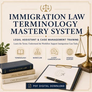May include: A digital download titled Immigration Law Terminology Mastery System featuring a stack of three books labeled Immigration Law, Legal Practice, and Case Management, a clipboard with a pen, and a brass scale of justice icon.
