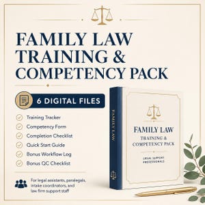May include: A digital product listing for a Family Law Training & Competency Pack. The image features a dark blue and cream binder with a scale of justice icon, a list of 6 digital files, and a gold pen. Text includes Family Law Training & Competency Pack.