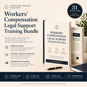 May include: A Workers' Compensation Legal Support Training Bundle digital product display featuring a book cover with a scale icon, text, and a black pen. The set includes 31 digital files, comprising 22 PDFs and 9 Excel files for legal support teams.