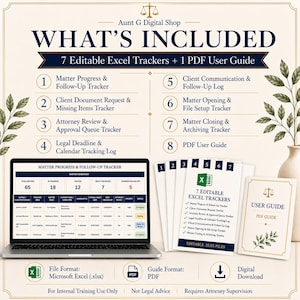 May include: A digital product set from Aunt G Digital Shop featuring 7 editable Excel trackers and 1 PDF user guide. The image displays a laptop showing a Matter Progress & Follow-Up Tracker, a stack of seven numbered tracker documents, and a user guide.