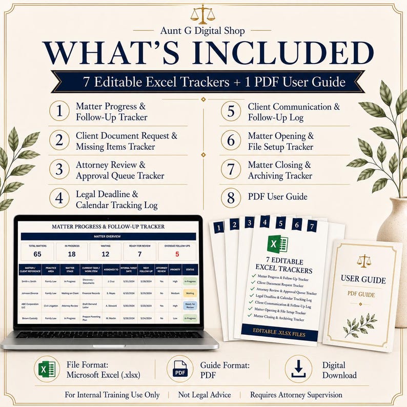 May include: A digital product set from Aunt G Digital Shop featuring 7 editable Excel trackers and 1 PDF user guide. The image displays a laptop showing a Matter Progress & Follow-Up Tracker, a stack of seven numbered tracker documents, and a user guide.