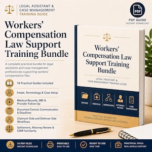 Trainingskit juridische ondersteuning werknemerscompensatie, VA-workflowbundel paralegal, checklist intakegesprek advocatenkantoor, pdf-sjablonen voor casetracking