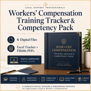 May include: A digital Workers' Compensation Training Tracker & Competency Pack featuring a dark blue binder with gold text and a scale icon. Includes 6 digital files, Excel tracker, fillable PDFs, training tracker, assessment, checklist, and guide.