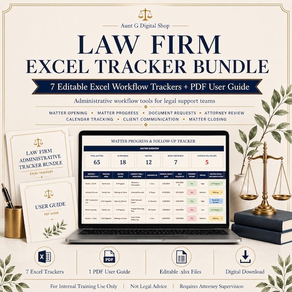 Law Firm Excel Tracker Bundle | 7 Editable Legal Assistant & Paralegal Workflow Trackers + PDF Guide
