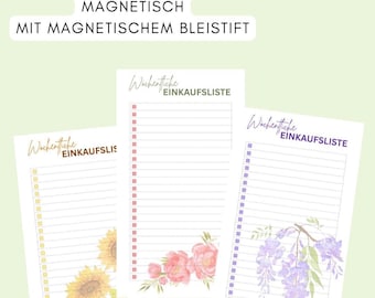 magnetische Einkaufsliste mit magnetischem Bleistift und zarten Blüten, florales Aquarell - alles immer griffbereit am Kühlschrank