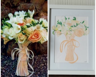 Your bridal bouquet as a watercolor, personalized art hand-painted from photo, unframed