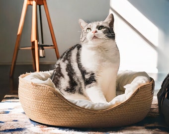 Joli panier de literie pour chat | Coussin tissé pour chaton | Panier pour petits animaux de compagnie | Lieu de couchage pour chats | Lit confortable doux et chaud | Cadeau pour amoureux des chats