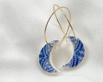 blue and white  porcelain print statement handmade moon shape earrings