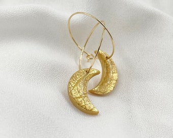 Golden polymer clay moon shape earrings on hoops