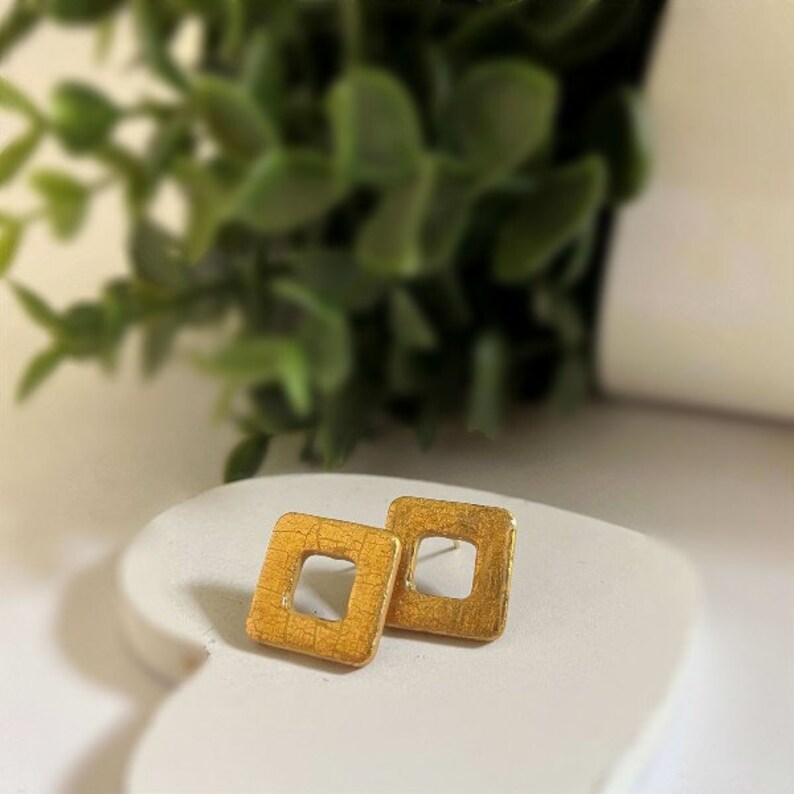 Golden polymer clay square earrings zdjęcie 2