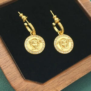 Vintage Gold Medusa Greek Key Crystal Drop Earrings | Versace Style Jewelry