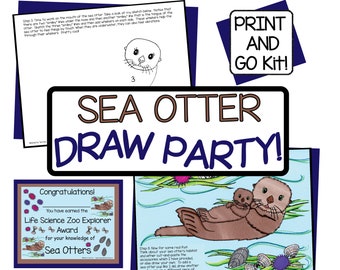 Sea Otter DRAW Party for Kids - Complete Party Kit for Birthday Party or Event - Family Game Night - Sea Otter Invites - Favors - Deco