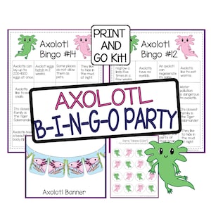 Axolotl BINGO Party for Kids - Complete Party Kit for Birthday Party or Event - Family Game Night - Axolotl Invites - Favors - Decorations