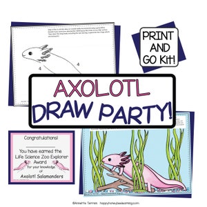 Axolotl DRAW Party for Kids - Complete Party Kit for Birthday Party or Event - Family Game Night - Axolotl Invites - Favors - Decorations