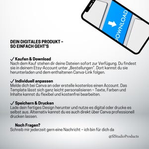 K&ouml;nnte beinhalten: Ein Smartphone zeigt einen blauen "DOWNLOAD"-Button mit wei&szlig;em Pfeil. Deutscher Text erkl&auml;rt, wie man ein digitales Produkt kauft, herunterl&auml;dt, anpasst und druckt. Das Bild wirbt f&uuml;r einen einfachen Zugriff auf digitale Dateien.
