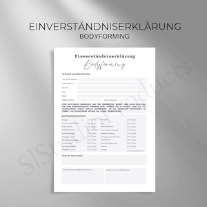 Könnte beinhalten: Schwarzweißes Formular mit dem Titel "Einverständniserklärung Bodyforming" mit Abschnitten für Kundeninformationen, Kontraindikationen und Unterschriften. Das Formular ist für eine Körperformungsbehandlung.