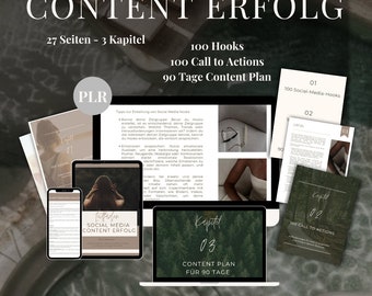 May include: A digital marketing guide with the title "Content Erfolg" in a green and white color scheme. The guide includes 27 pages, 3 chapters, 100 hooks, 100 call to actions, and a 90-day content plan.