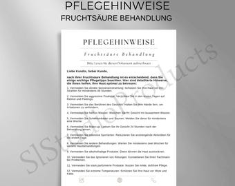 Care instructions fruit acid treatment PDF and Canva template customizable customer documentation beauty facial treatment instructions care tips