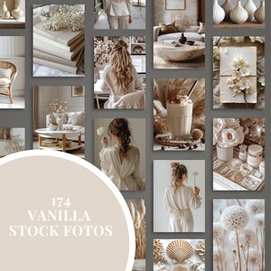 May include: A collage of 174 stock photos featuring a neutral colour palette of beige, white, and cream. The images include flowers, plants, furniture, and people. The text "174 Vanilla Stock Photos" is displayed in the centre of the collage.