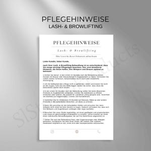 Puede incluir: Documento en blanco y negro con el título "Pflegehinweise Lash & Browlifting" e instrucciones para el cuidado de las pestañas y las cejas después de un lifting. El documento incluye una lista de instrucciones para las primeras 24 horas después del tratamiento, como evitar el agua, el calor y ciertos productos.