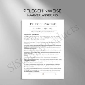 ヘアエクステンションのお手入れ方法のPDFとCanvaテンプレート、カスタマイズ可能な顧客向けドキュメント、美容手順とお手入れのヒント