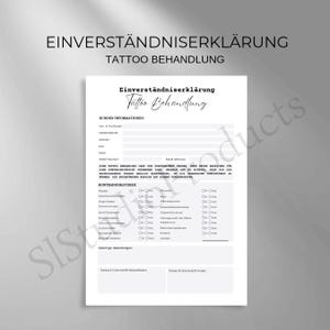 Könnte beinhalten: Schwarzweißes Tattoo-Einverständnisformular mit dem Titel "Einverständniserklärung Tattoo Behandlung" und einem Abschnitt für Kundeninformationen, Kontraindikationen und Unterschriften.