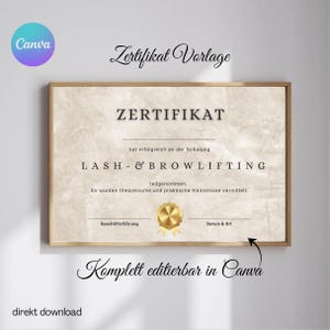 Certifikatmall för frans- och brynlyftning, modern design, utskrivbart dokument, ögonfransförlängning, fransar, student, Canva-mall, utbildningar