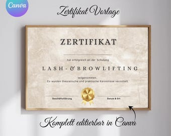 Certificate template for lash and brow lifting, modern design, printable document, eyelash extensions, lashes, student, Canva template, training courses