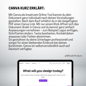 K&ouml;nnte beinhalten: Ein digitales Tablet zeigt die Canva-Website mit dem Text &bdquo;What will you design today?&ldquo; und &bdquo;Sign up for free&ldquo;. Dar&uuml;ber erkl&auml;rt Text auf Deutsch die Funktionen von Canva zur Designanpassung. Das Bild enth&auml;lt das Logo @SlStudioProducts.
