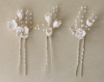 Ceramic Flower Bridal Hair Pins 3pcs, Wedding Jewelry Set, Bridesmaid Hair Accessories, Wedding Hair Piece