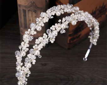 Bridal Double Pearl Crystal Headband, Princess Tiara, Wedding Hair Accessories, Bridal Crown, Wedding Jewelry