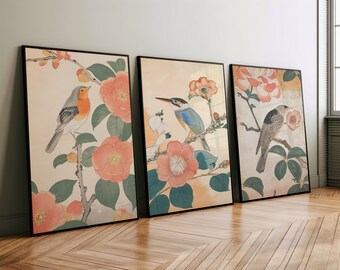 Set of 3 Asian Bird Prints in Hokusai Woodblock Print Style
