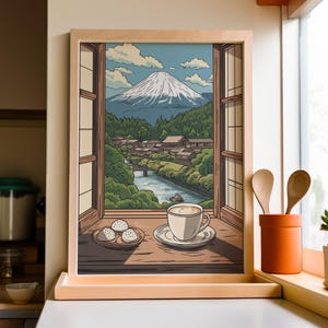 Latte & Onigiri in Window in Ukiyoe Japanese Wall Art Style For Coffee Lovers, Japandi Inspired Coffee Wall Art Printable Coffee Bar Decor