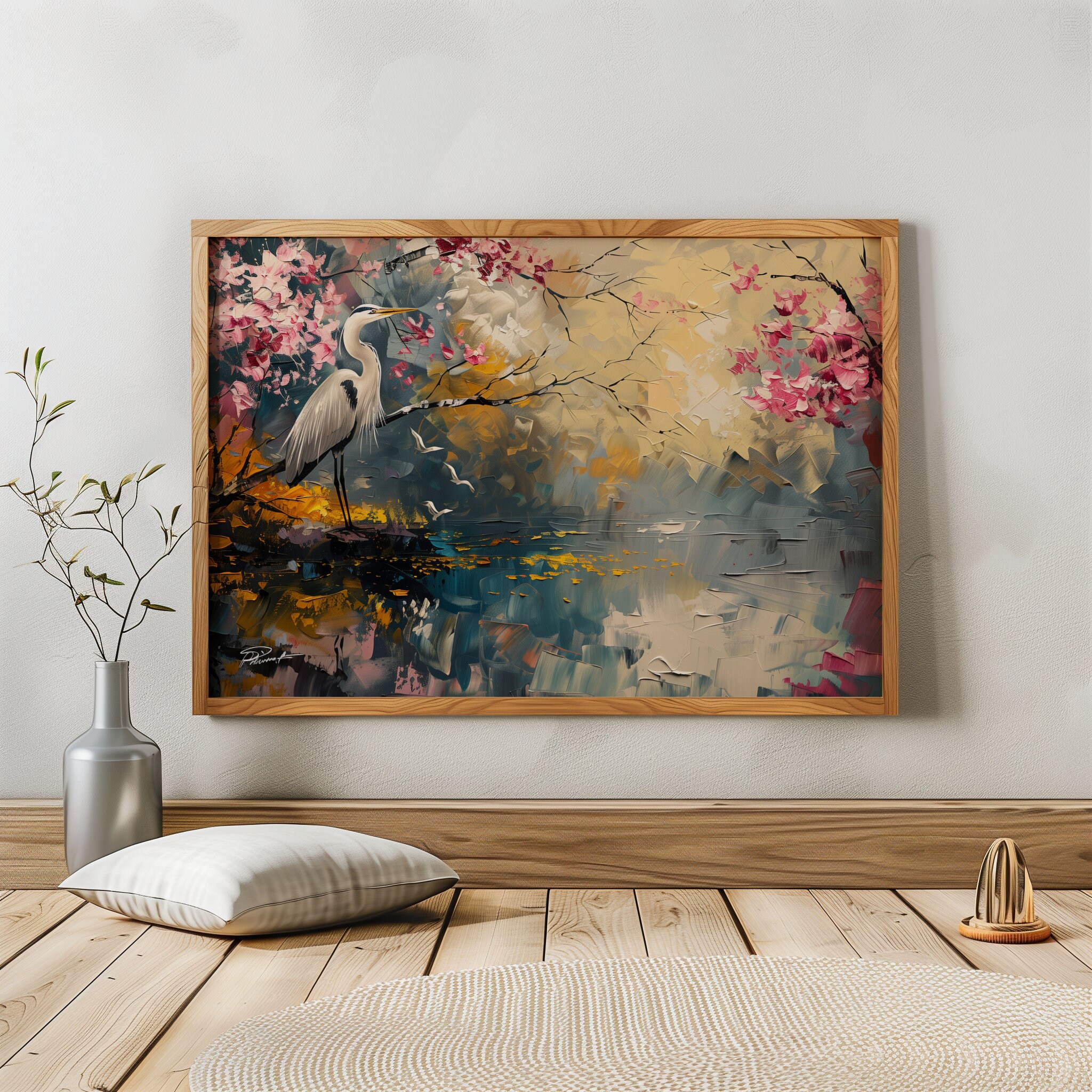 Japanese Heron Oil Painting for Bird, Flower and Japan Lover Wall Art ...
