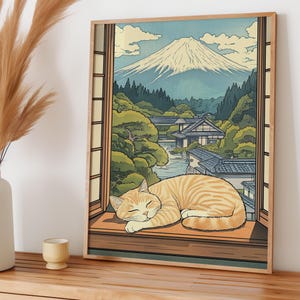Orange Tabby Cat Sleeping in Window Japanese Cat Art for Cat Lover, Ukiyo-e Japandi Wall Art for Cat Mom, Japanese Cat Print, Japan Wall Art